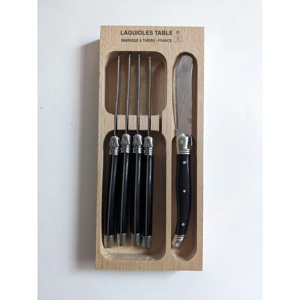Laguiole France 5 Pc Cheese Knife Set Tempered Z40C13 Steel Black Handles Boxed‎